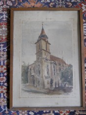 Brasov,&amp;#039;Biserica Neagra&amp;quot;acuarela/hartie desen,semnata indescifrabil foto