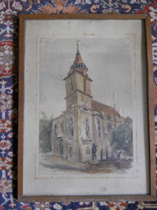 Brasov,&#039;Biserica Neagra&quot;acuarela/hartie desen,semnata indescifrabil