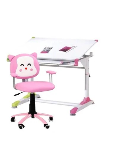 Set birou ergonomic HM Collorido, inaltime reglabila, unghi inclinare ajustabil, MDF, alb si scaun birou HM Kitty, piele ecologica, Mecanism de balans