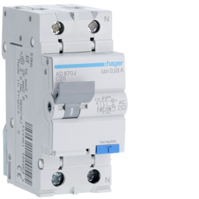 Siguranta diferential 20A 1P+N C 30mA 4.5Ka Hager AD870J foto