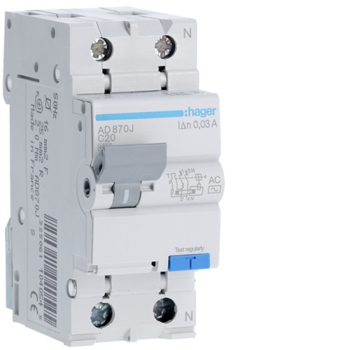 Siguranta diferential 20A 1P+N C 30mA 4.5Ka Hager AD870J