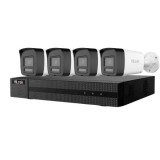 Kit supraveghere profesional IP Hikvision HiLook 4 camere 4MP IR 30m PoE microfon si difuzor IP67 alarma si NVR 4 canale PoE 6MP SafetyGuard Surveilla