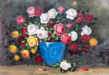 Cumpara ieftin Elena M&uuml;ller-Stăncescu-Vas cu trandafiri, tablou de mari dimensiuni, Flori, Ulei, Realism