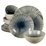 Set farfurii 16 piese, 4 persoane, MoonLight, Alb Ivoire, linii albastre