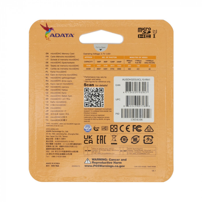 Card de memorie MicroSD Adata, 32GB, 80MB/s, clasa 10, cu adaptor inclus