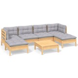 Set mobilier gradina cu perne gri, 7 piese, lemn masiv de pin