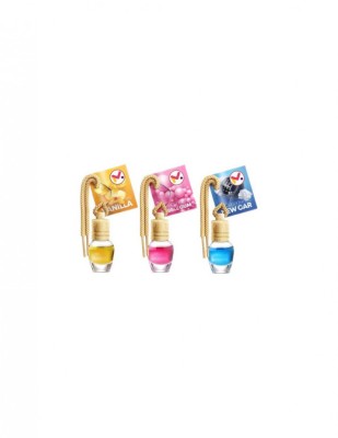 Set 3 odorizante auto in sticla cu snur si capac din lemn, aroma Vanilie, New Car si Bubble Gum, 8 ml foto