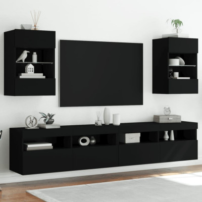 Comode TV de perete cu lumini LED, 2 buc., negru, 40x30x60,5 cm foto