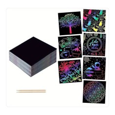 Set 100 de Foi de Hartie de Razuit, Cyrax, cu Creion din Bambus, pentru Desen, 8.5 x 8.5, Curcubeu, Negru foto
