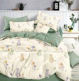 Cumpara ieftin Lenjerie Pat Bumbac 4 Piese cu Elastic, Bej/Verde, 200x140 cm. Set Pilota+Cearceaf+2 Fete Perna