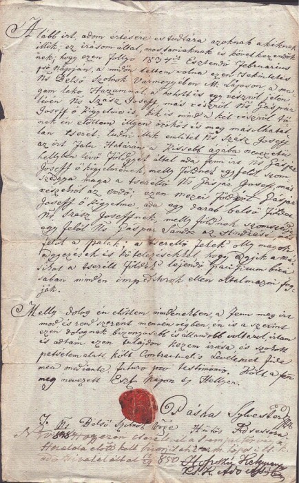 A3082N Contract de schimb de păm&acirc;nturi &icirc;ntre nobili maghiari, 1834, comitatul Solnocul Interior, Transilvania, sigiliu &icirc;n ceară roșie, limba maghiară