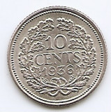 Olanda 10 Cents 1936 - Wilhelmina, Argint 1.4 g/640, 15 mm KM-163