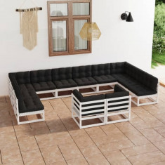 vidaXL Set mobilier grădină cu perne, 12 piese, alb, lemn masiv de pin
