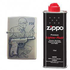 Bricheta tip zippo, 3D relief, metalica, soldat pistol P38 si lichid zippo 125 ml