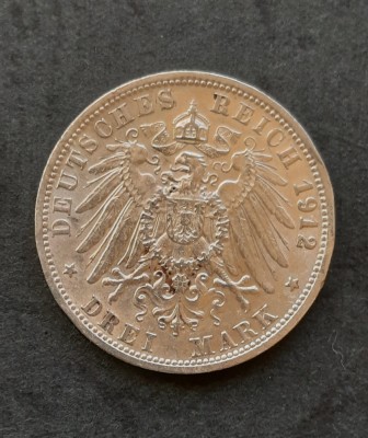 3 Mark &amp;quot;Wilhelm II von Wuerttemberg&amp;quot; 1912, Statele Germane - G 4448 foto