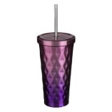 Pahar Metalic Roz cu Pai și Capac &ndash; Model Forjat 500ml, CMCLASS