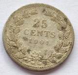 384. Moneda Olanda 25 cents 1901 (Kwartje - Inhuldigingsportret)(argint 0.640)
