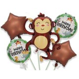 Baloane pentru aniversare, flippy, tematica happy birthday, set 5 baloane, 1 maimuta 85 x 89 cm, 2 stele, 2 rotunde, din folie de aluminiu, pai de car
