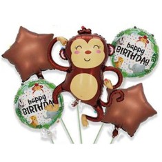 Baloane pentru aniversare, flippy, tematica happy birthday, set 5 baloane, 1 maimuta 85 x 89 cm, 2 stele, 2 rotunde, din folie de aluminiu, pai de car