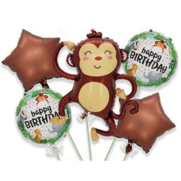 Baloane pentru aniversare, flippy, tematica happy birthday, set 5 baloane, 1 maimuta 85 x 89 cm, 2 stele, 2 rotunde, din folie de aluminiu, pai de car