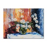 Tablou 3D cu flori pictat manual - Vaza cu margarete, stilizat - 80x60cm ulei pe panza in cutit, Superb!