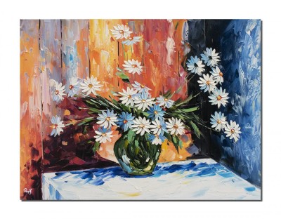 Tablou 3D cu flori pictat manual - Vaza cu margarete, stilizat - 80x60cm ulei pe panza in cutit, Superb! foto