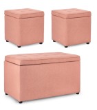Cumpara ieftin Set bancuta, 2 tabureti textil roz blush Derrick 40x40x40 cm; 89x48x51 cm