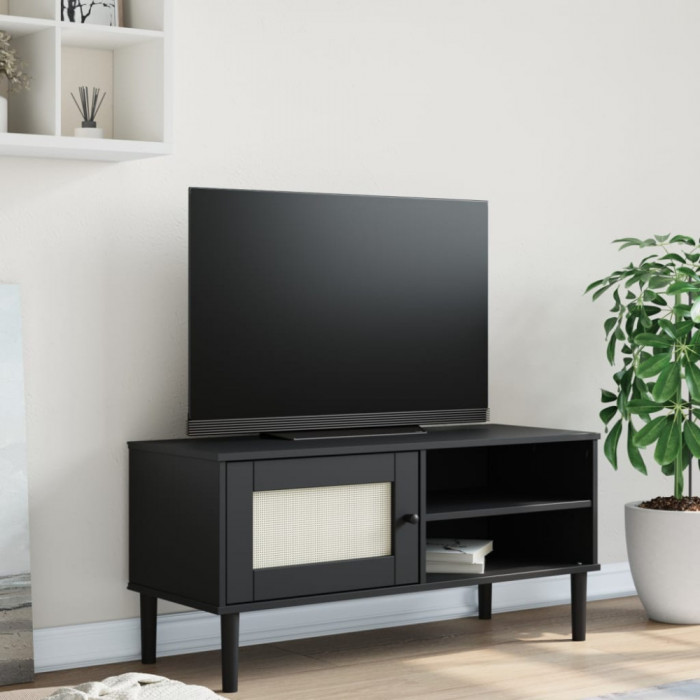 vidaXL Comodă TV SENJA aspect ratan negru 106x40x49 cm lemn masiv pin