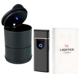 Scrumiera din Plastic, Neagra cu Iluminare Led, Interior si Bricheta Neagra, Electrica Antivant in Cutie, Incarcare USB, Senzor Digital, Indicator LED