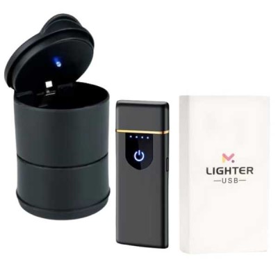 Scrumiera din Plastic, Neagra cu Iluminare Led, Interior si Bricheta Neagra, Electrica Antivant in Cutie, Incarcare USB, Senzor Digital, Indicator LED foto