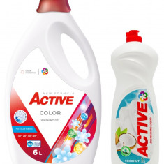 Detergent lichid pentru rufe colorate Active, 6 litri, 120 spalari + Detergent de vase lichid Active, 1 litru, cocos