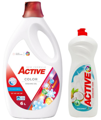 Detergent lichid pentru rufe colorate Active, 6 litri, 120 spalari + Detergent de vase lichid Active, 1 litru, cocos foto