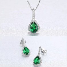 Set Cercei si Lantisor Din Argint S925 Zirconiu Verde Smarald Duchess Set279C