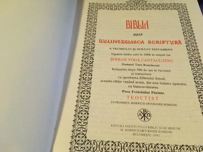 BIBLIA DE LA BUCURESTI1688/SERBAN CANTACUZINO-REEDITARE 1997-PATRIARHUL TEOCTIST foto