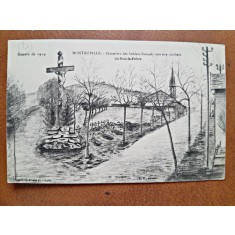 Carte postala, desen Guerre de 1914, Mantauville, Cimetiere des sodats francais, 1915