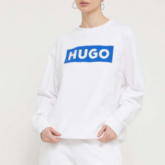 HUGO Blue hanorac de bumbac femei, culoarea alb, cu imprimeu 50515817