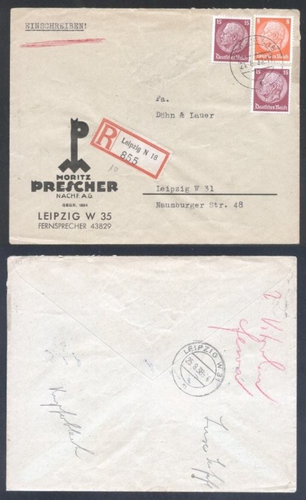Germany REICH 1933 Postal History Rare REGISTERED Cover Leipzig D.595