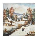 Tablou peisaj de iarna pictat manual, la sanius, 50x50cm ulei pe panza, Constantin Feraru