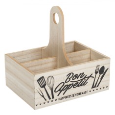 Cutie Organizatoare Bucătărie, Model Bon Appetit, Lemn, 4 Compartimente, 20x15x20cm, Naturale/Negru