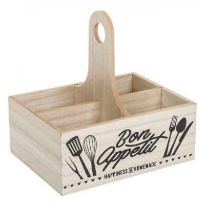 Cutie Organizatoare Bucătărie, Model Bon Appetit, Lemn, 4 Compartimente, 20x15x20cm, Naturale/Negru foto