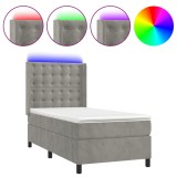 Cumpara ieftin Pat cu arcuri, saltea si LED, gri deschis, 90x200 cm, catifea