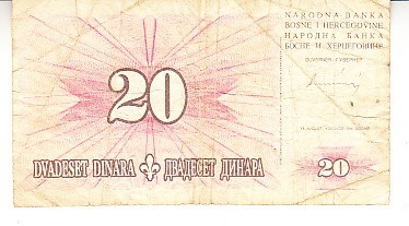 B11 - Bancnota foarte veche - Bosnia si Hertegovina - 20 dinari - 1994 foto