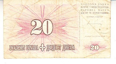 M1 - Bancnota foarte veche - Bosnia si Hertegovina - 20 dinari - 1994 foto