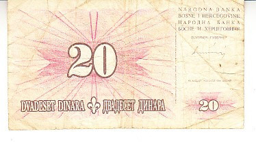 M1 - Bancnota foarte veche - Bosnia si Hertegovina - 20 dinari - 1994