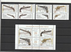 ROMANIA 2008 LP 1794 a LP 1794 c ARME DE FOC DIN MUZEUL MILITAR SERIE CU TABS + BLOC DE 4 TIMBRE MNH NESTAMPILATE