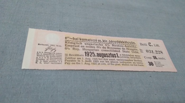 CUPOANE /BON DE TREZORERIE CU REDUCERE 1925 UNGARIA