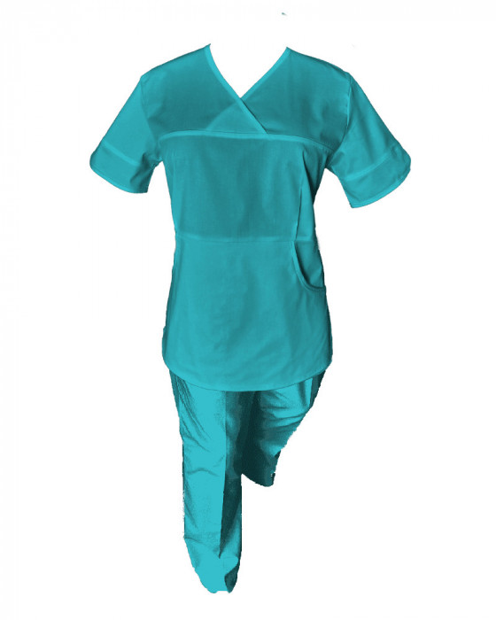 Costum Medical Pe Stil, Turcoaz cu Elastan, Model Sanda - 4XL, XL