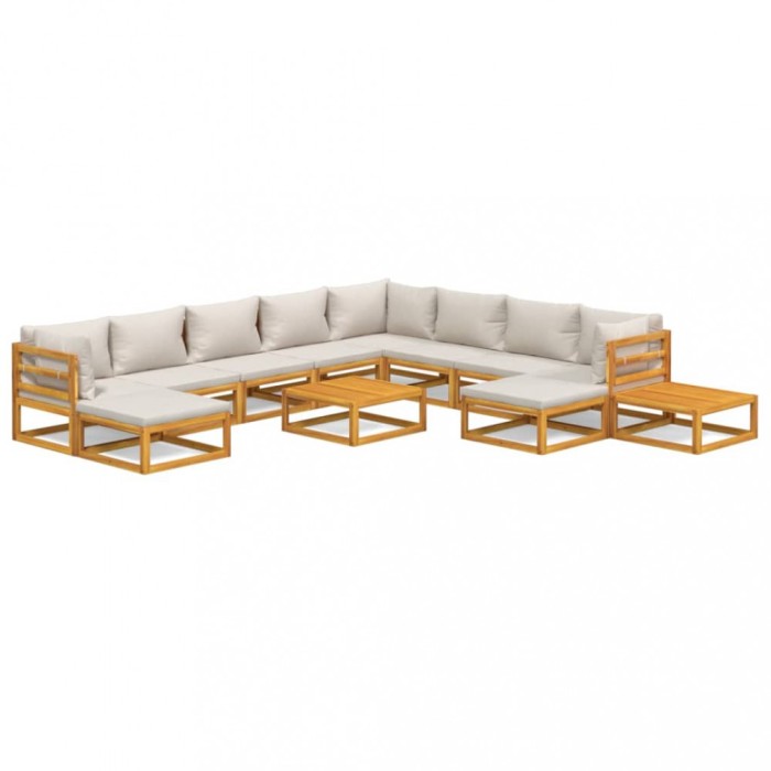 Set mobilier gradina cu perne gri deschis, 12 piese, lemn tec