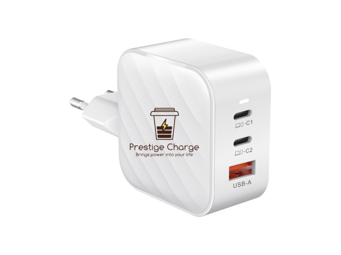 Incarcator retea SuperCharge TrioMini 65W, PRESTIGE CHARGE&reg;, design compact, tehnologie GaN 2*USB-C PD si USB QC 3.0, pentru laptop, telefon, incarcar