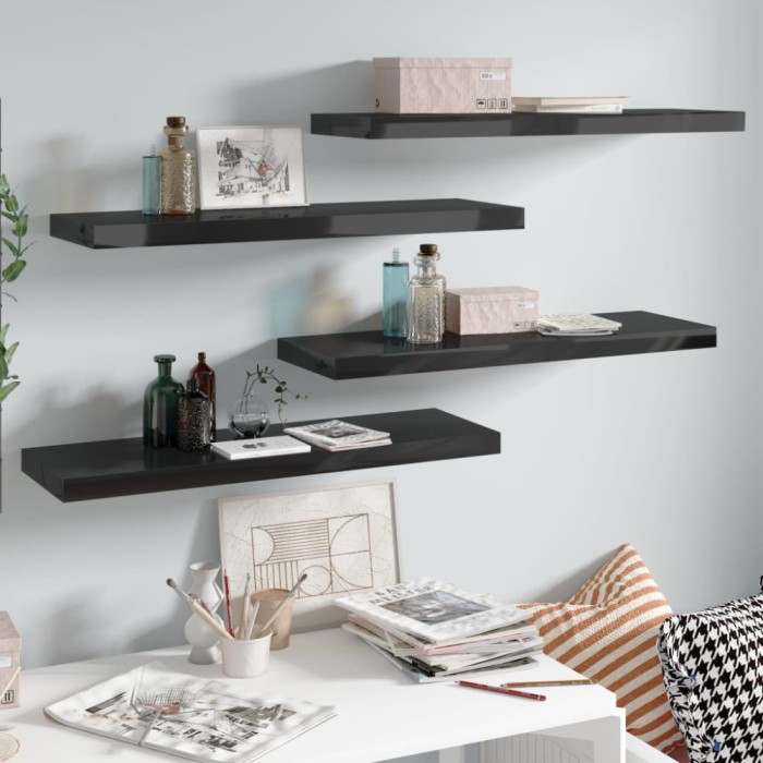 Gossi rafturi de perete, 4 buc., negru extralucios 80x23,5x3,8 cm mdf